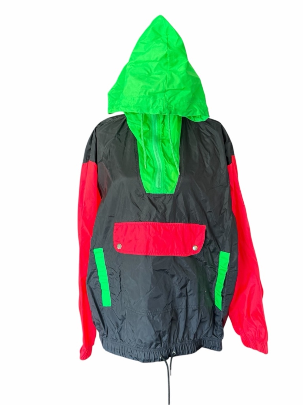 Vintage Colorblock Windbreaker Pullover | Neon Green Red Black | Hooded Anorak